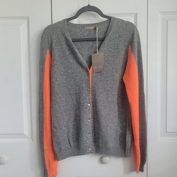 NWT BRODIE Fine Cashmere Women's Color Block Cardi Grey/Neon Orange Size M - Picture 1 of 6